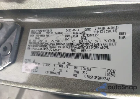 2013 Ford Escape Titanium z USA, uszkodzony, nr VIN 1FMCU0J90DUC43431